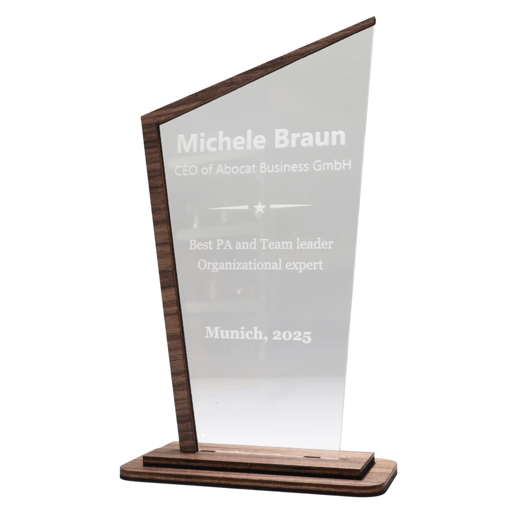 Pila Stone Award mit Gravur aus Acryl & Edelholz – personalisierte Trophäe mit Logo & Text für Sport, Schule, Firma & Events – Pokal als Auszeichnung, Geschenk, Jubiläum