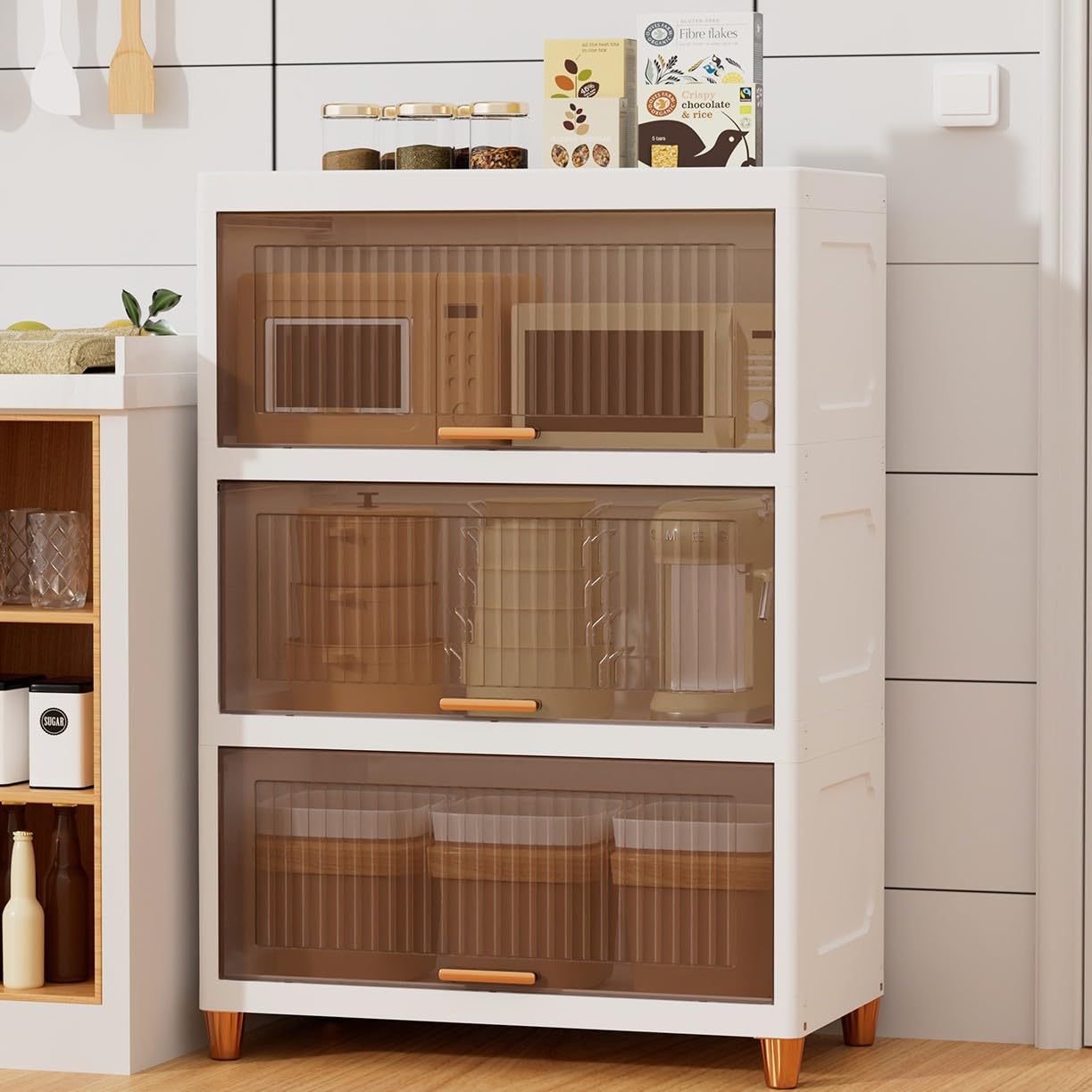 wookon Storage Cabinet - Kitchen Organization,69Gal/275QT Plastic Shelves Organizer,Storage Bins with Lids, 3 Tiers Outdoor Storage Box, Office Organization, Stackable Bookshelf,Room Organization