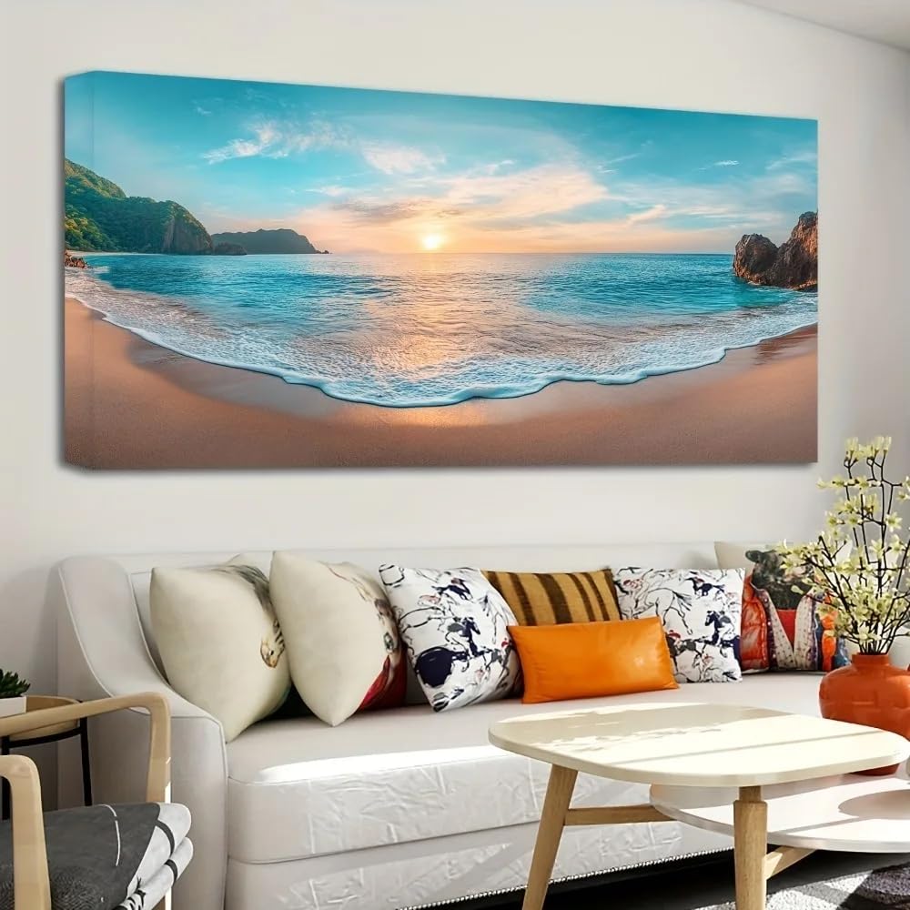 GOSRD Modern Wall Artwork Prints Canvas Printed Mural, Natural Beach Sunsets And Wave Pictures For Living Room Decoration(50X100cm/Frameless)