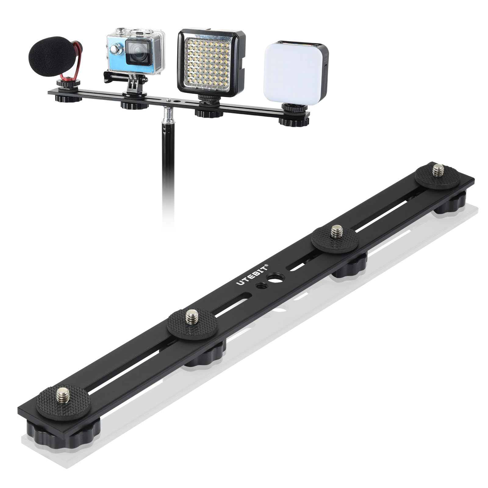 UTEBIT 13 in Support De Flash Double, Rail De Flash En Aluminium Avec Vis 1/4" Et 3/8", Support De Flash Pour Appareil Photo Avec Double Griffe Pour Appareil Photo DSLR, Lumière LED