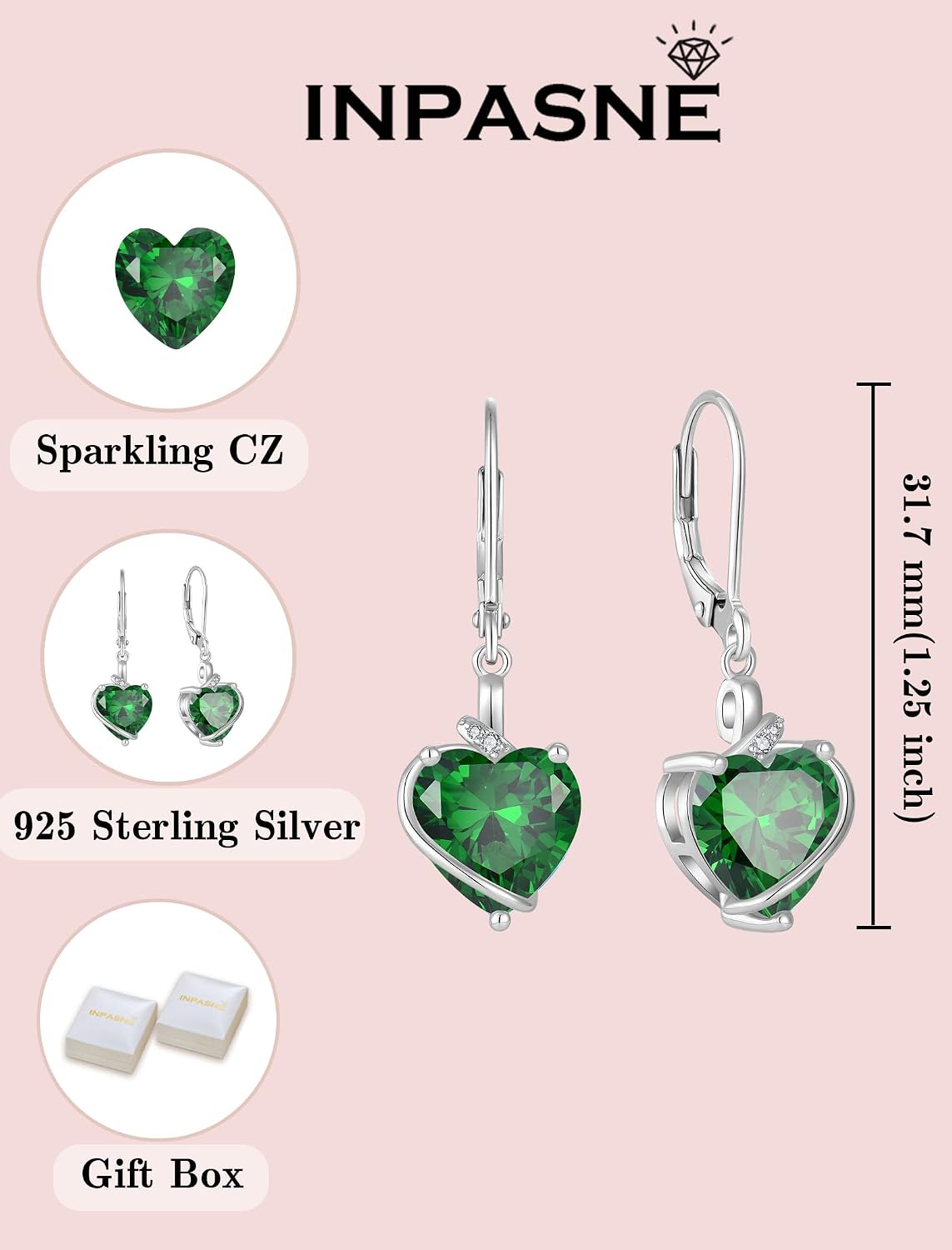 Emerald Jewelry Set Silver Tone Heart Shaped May Birthstone Pendant Necklace Dangle Drop Earrings for Women