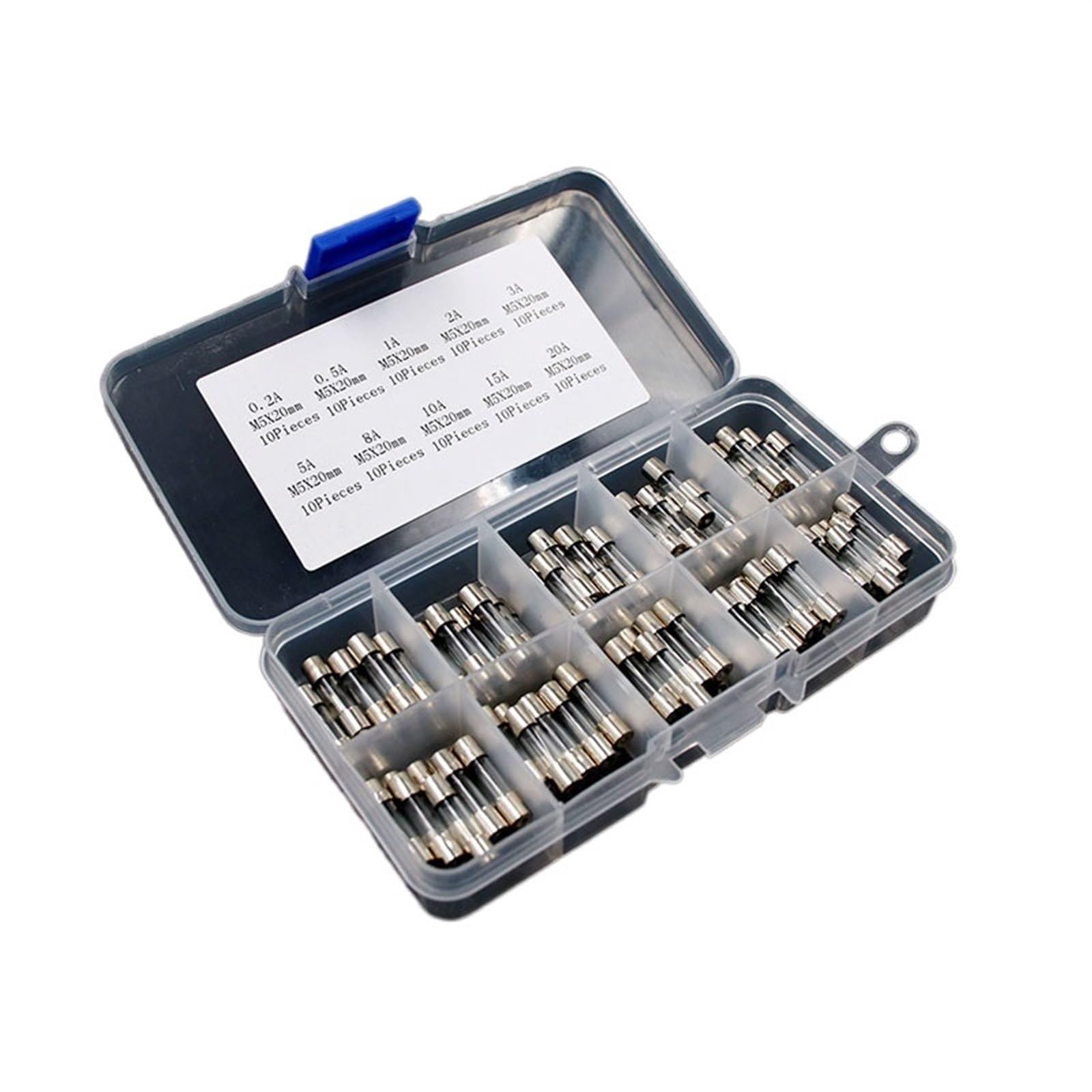 100Pcs Set 5x20mm Quick Blow Glass Tube Fuse Assorted Kits Fast-Blow Glass Fuses 0.2A 0.5A 1A 2A 3A 5A 8A 10A 15A 20A 30A Box(8A 100pcs)