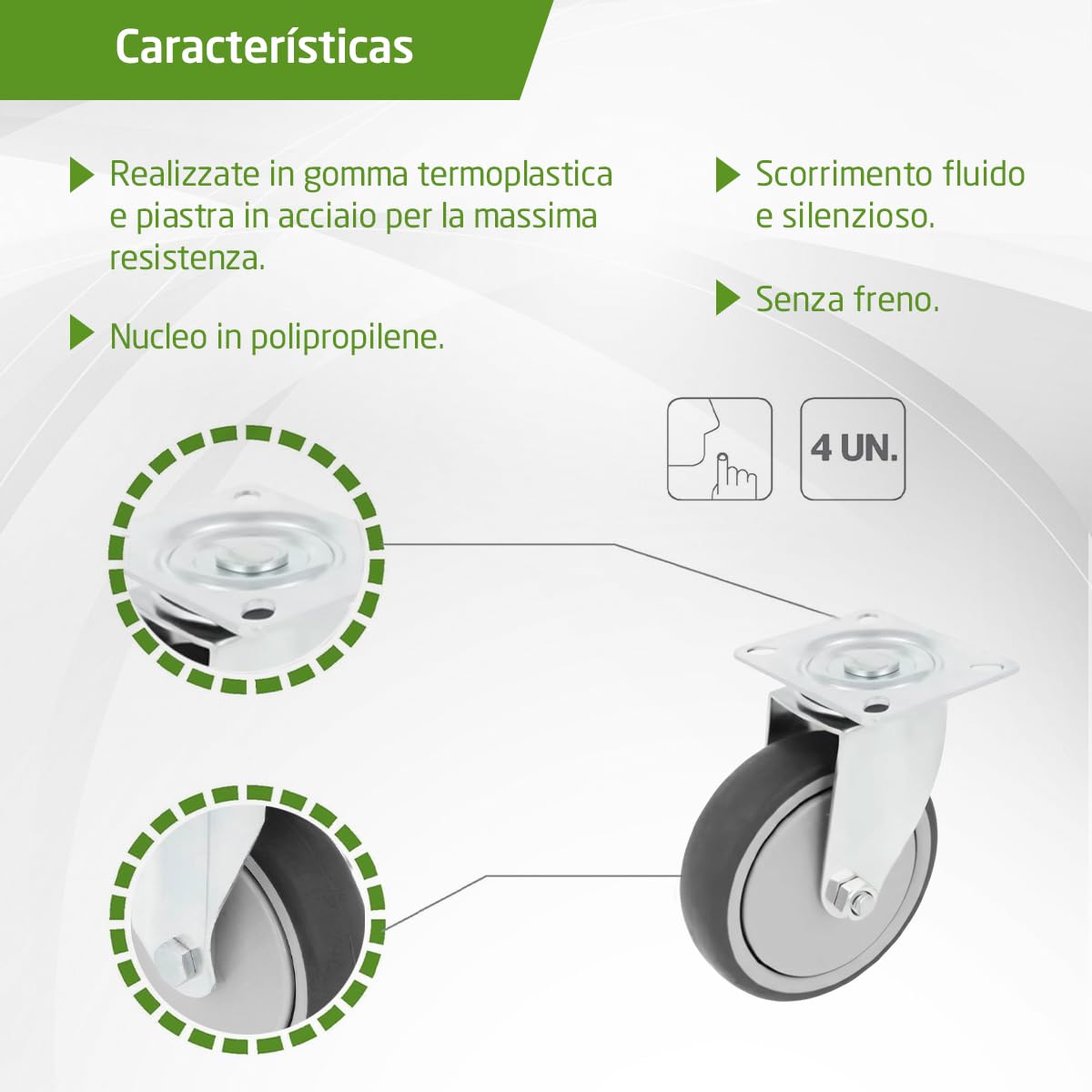 Amig - Set 4 Ruote per Mobili | Ø 100 mm | Ruote Girevoli con Piastra di Montaggio | Peso Massimo 110 Kg | Per Spostare Mobili Pesanti | Cuscinetti a Rulli | Nucleo in Plastica | Gomma Grigia