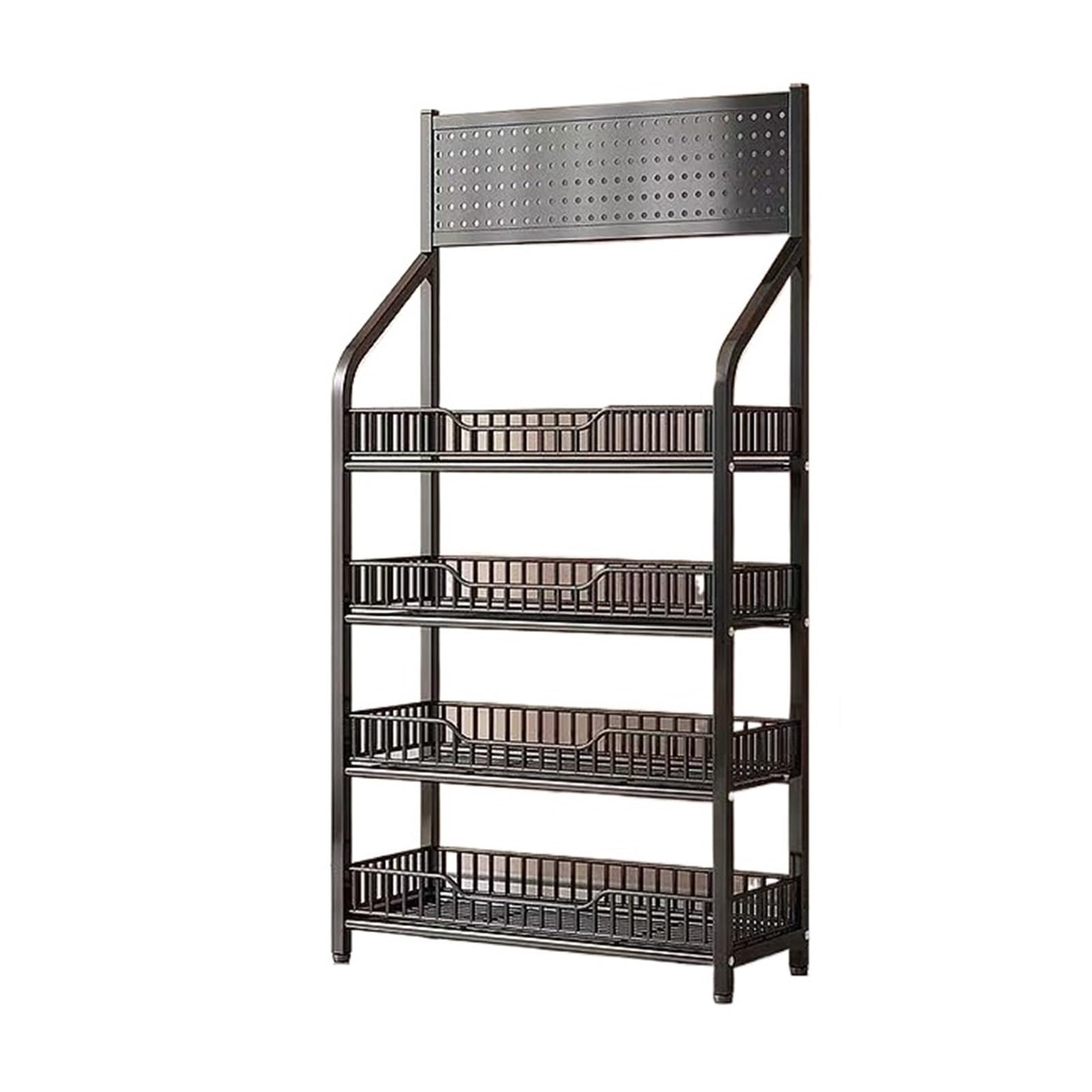 Espositore per scaffali da supermercato a 4 Ripiani - Cestello portaoggetti in Rete Metallica per Frutta, Verdura, cipolle e Patate - Espositore per Prodotti da Forno (Nero, 50x27x140 cm)