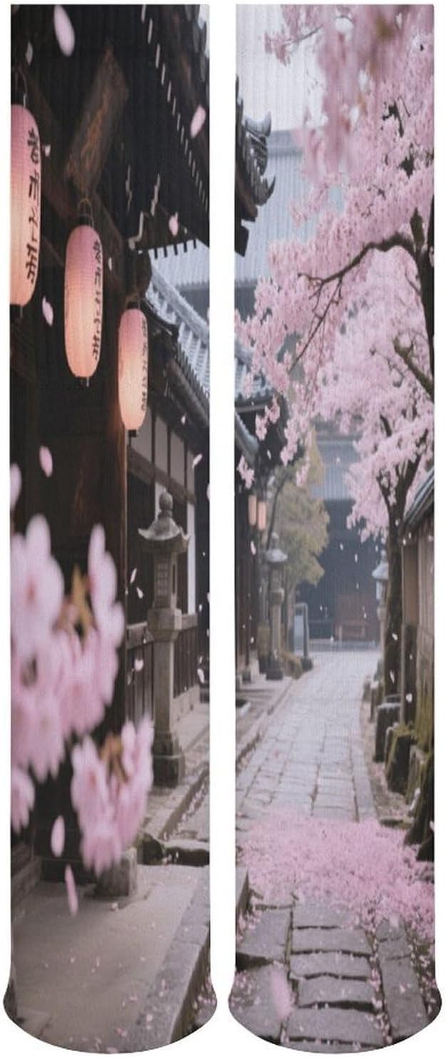 Ancient Cherry Blossom Temple Crew Socks High Stocking Thermal Socks | Tube Socks-Breathable-Moisture-Soft-wicking for Hospital Pilates Yoga for women men Grippy for office and daily walking