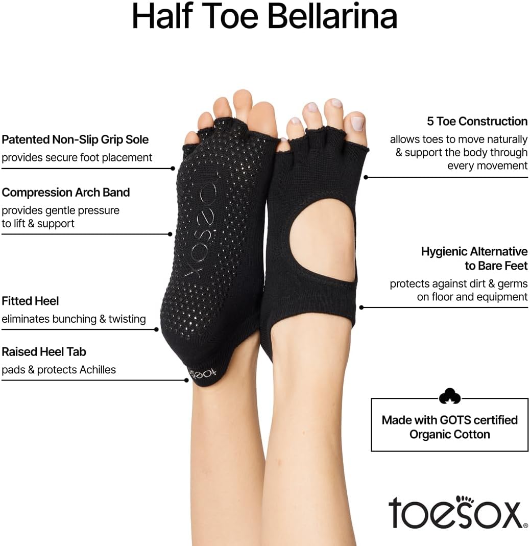 toesox Bellarina Half Toe Multi Pack - Grip Non-Slip Toe Socks for Pilates, Barre, Yoga, Ballet, Black, Charcoal, Echo - Image 4