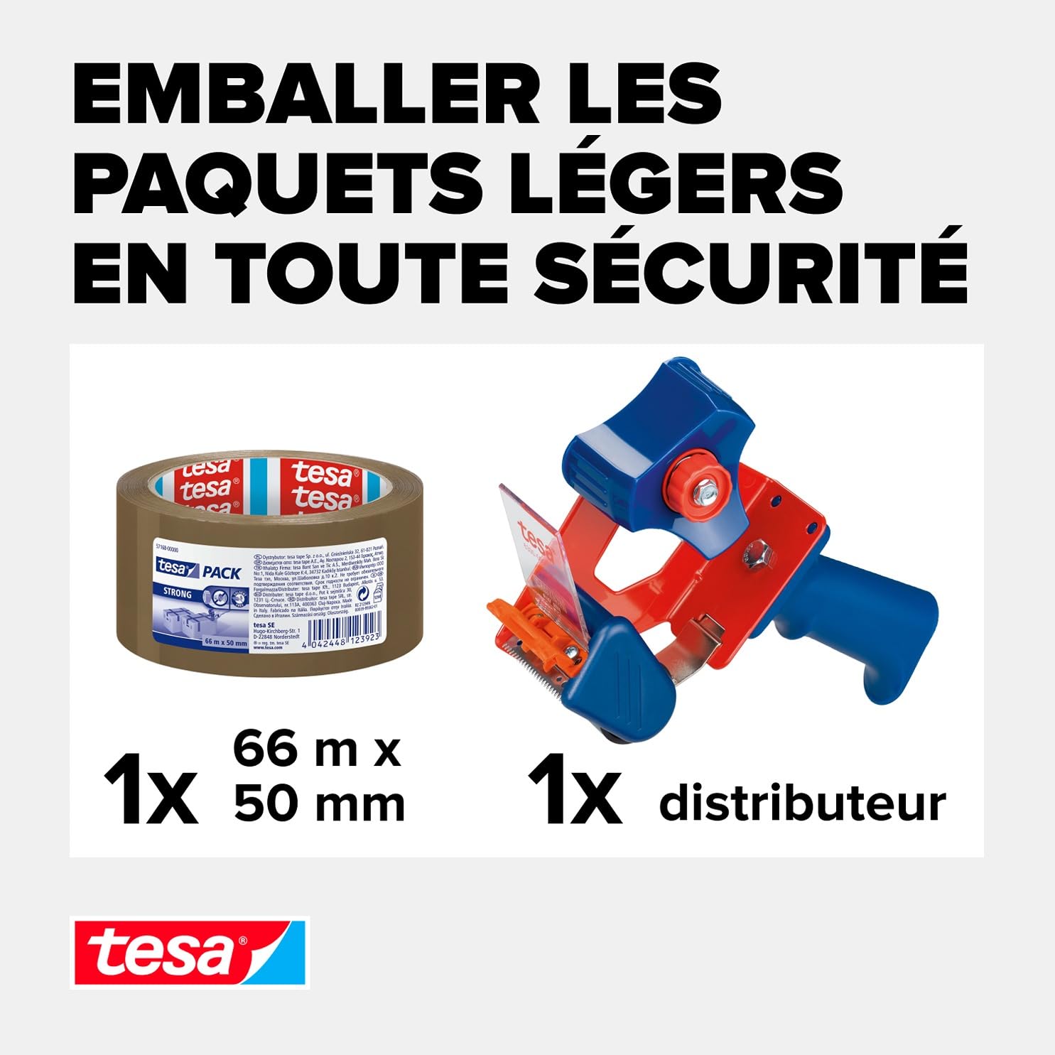 tesa tesapack Strong und Handabroller im Set mit 1 Rolle geräuscharmem Paketklebeband - Braun - 66 m x 50 mm