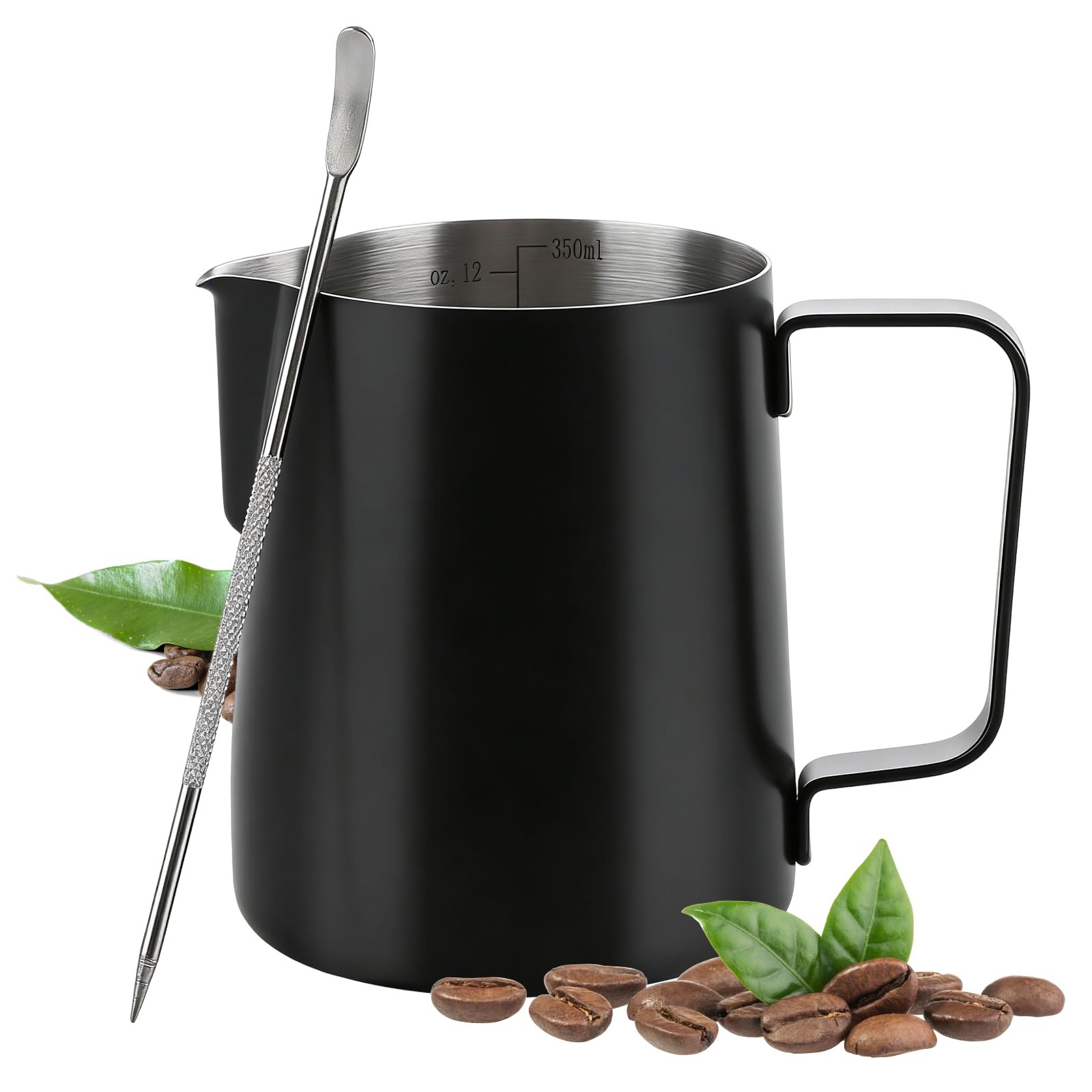 Milk Frothing Pitcher, 350ml/12oz 304 Stainless Steel Coffee Jug with Measurement Marks & Latte Art Pen, Ideal for Crafting Latte Art, Cappuccino, Perfect for Home Baristas & Coffee Enthusiasts
