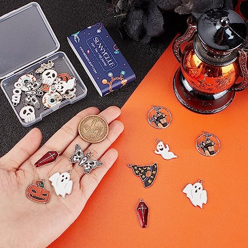 SUNNYCLUE 1 Box 24Pcs 12 Styles Halloween Charm Ghost Charm Bulk Gothic Charm Pumpkin Ghost Coffin Cross Skull Black Bat Charm for jewellery Making Charms DIY Craft Halloween Party Decor Silver - Image 3