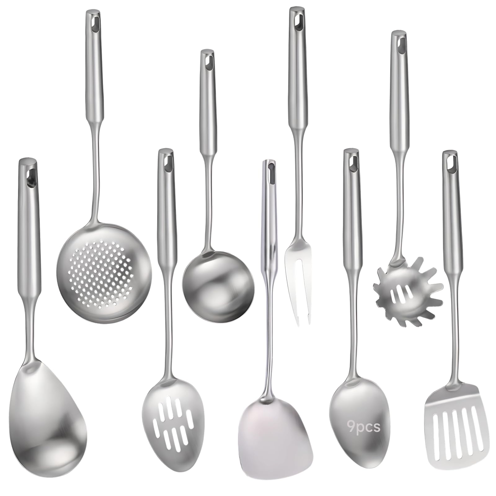 Kochutensilien-Set, 9-teilig, Edelstahl, Küchenutensilien aus Metall, inklusive Schöpflöffel, Pfannenwender, Schaumlöffel, massiver und geschlitzter Löffel, Nudelheber und Sieblöffel