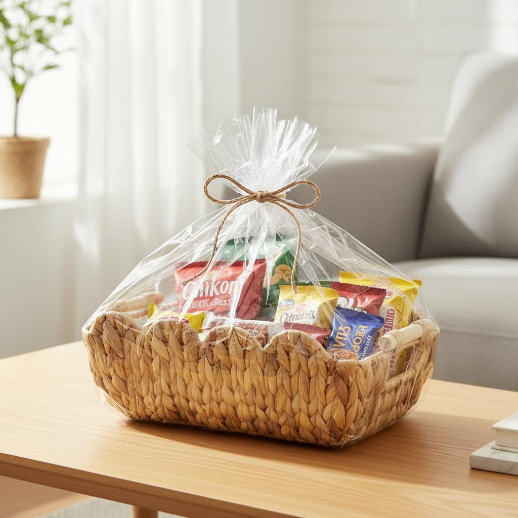 Wicker Basket,Scalloped Basket with Wooden Handle,Hand-Woven Water Hyacinth Storage Baskets for Organizing,Shelves,Snack,2 Pack