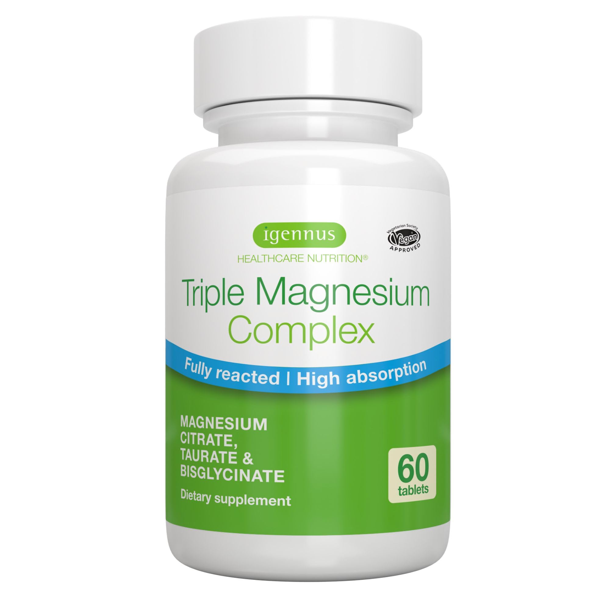 Igennus Healthcare Nutrition Triple Magnesium Complex, High Absorption Magnesium Citrate, Taurate & Bisglycinate, 60 Tablets, Vegan