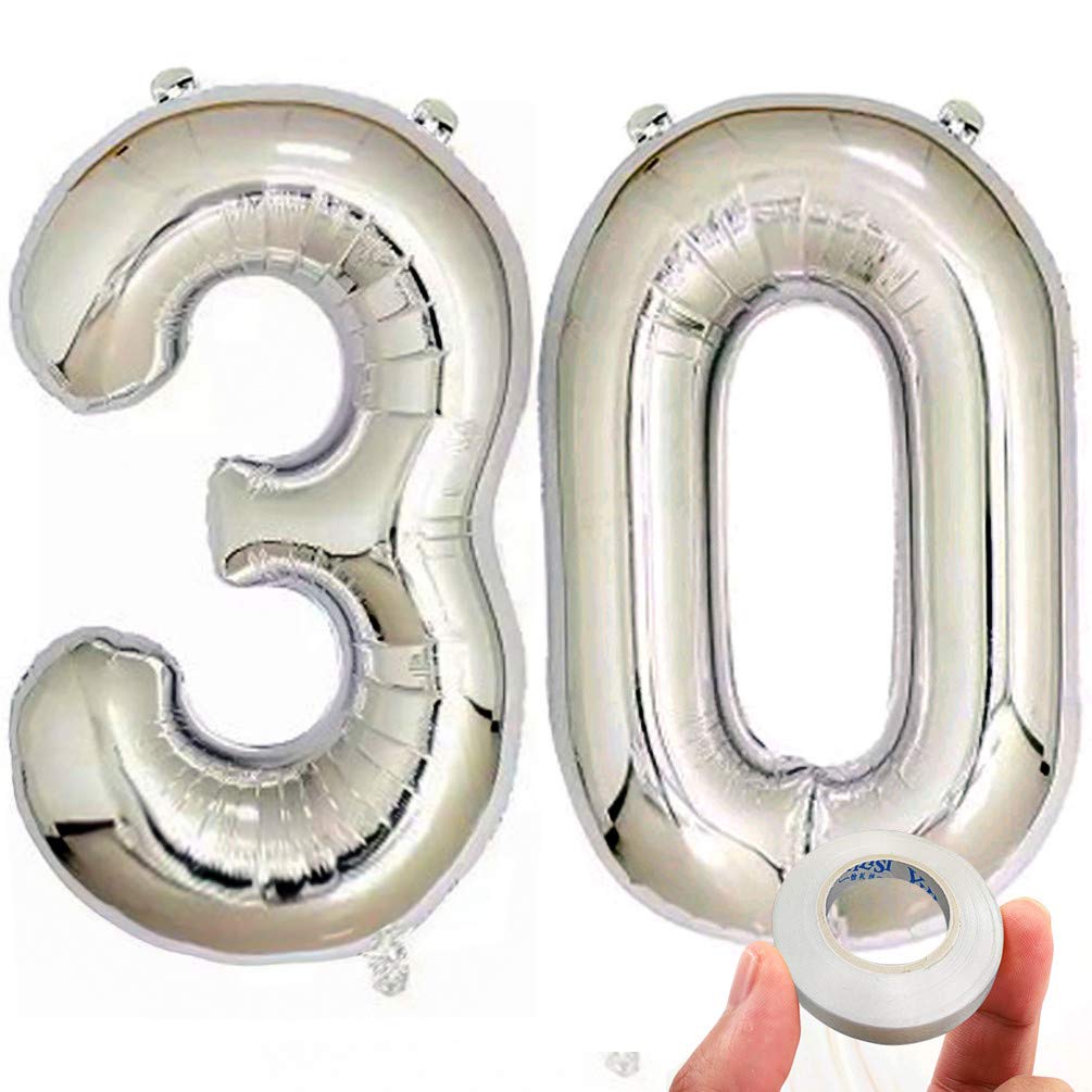 KEYYOOMY 40 inch Number 30 Balloons Silver Color Big 30 Number Balloons for Dirty Thirty Birthday Decorations