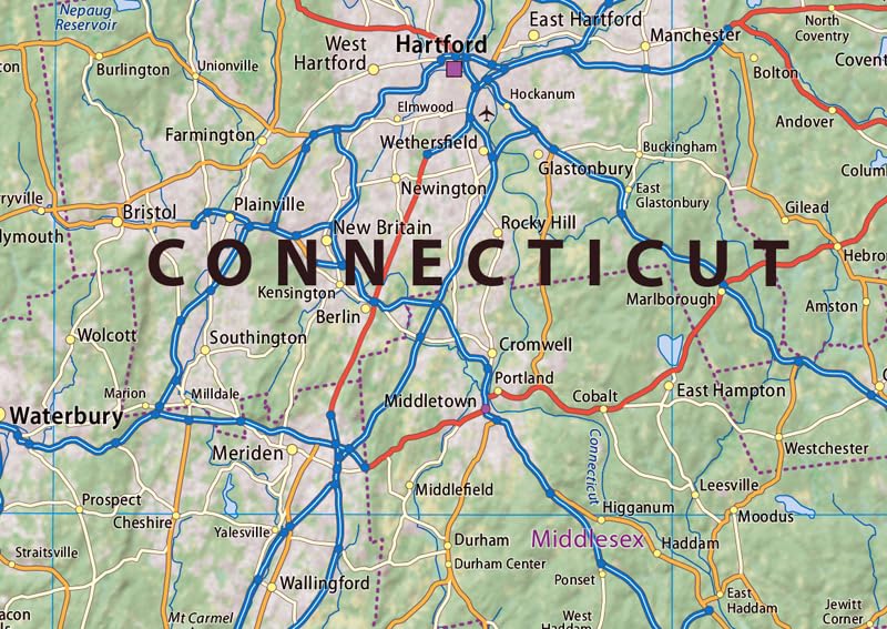 Physical State Map of Rhode Island and Connecticut - 23.3 x 16.5 Inches - Paper Laminated - Image 2