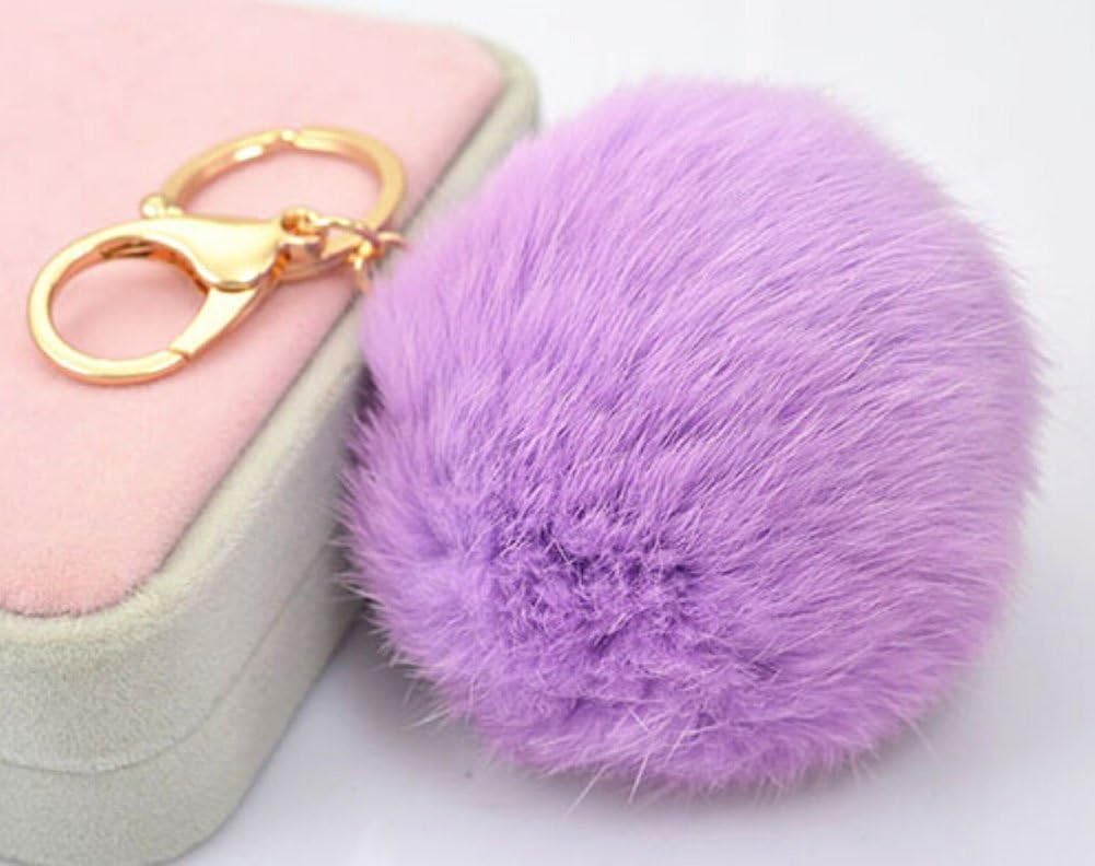 18 K Gold Plated Keychain with Plush Cute Genuine Rabbit Fur Key Chain for Car Key Ring or Bags 0025 (Color 15)