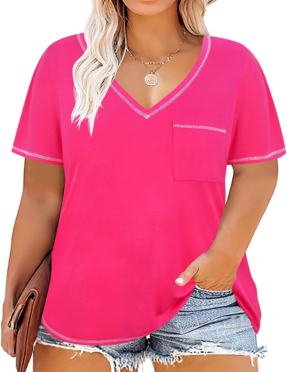 TIYOMI Plus Size T Shirt for Women Tunic Tops Plain Solid Color V Neck Spring Summer Short-Sleeve T Shirts Casual Work