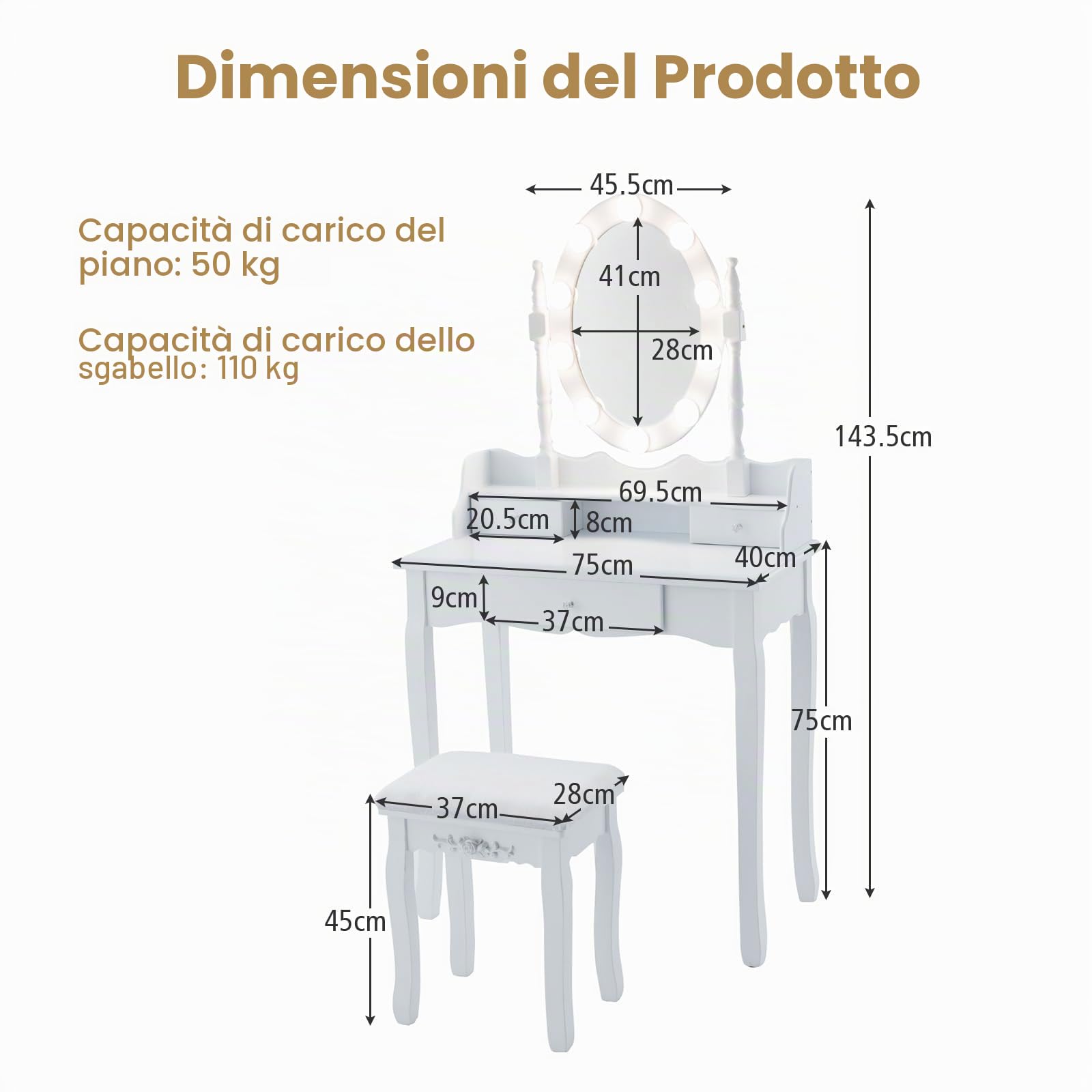 HOMASIS Toeletta da trucco con specchio girevole a 360°, tavolo da toeletta con sgabello in legno, tavolo cosmetico con 3 cassetti e 3 modalità di illuminazione, per camera da letto, 75 x 40 x 143,5