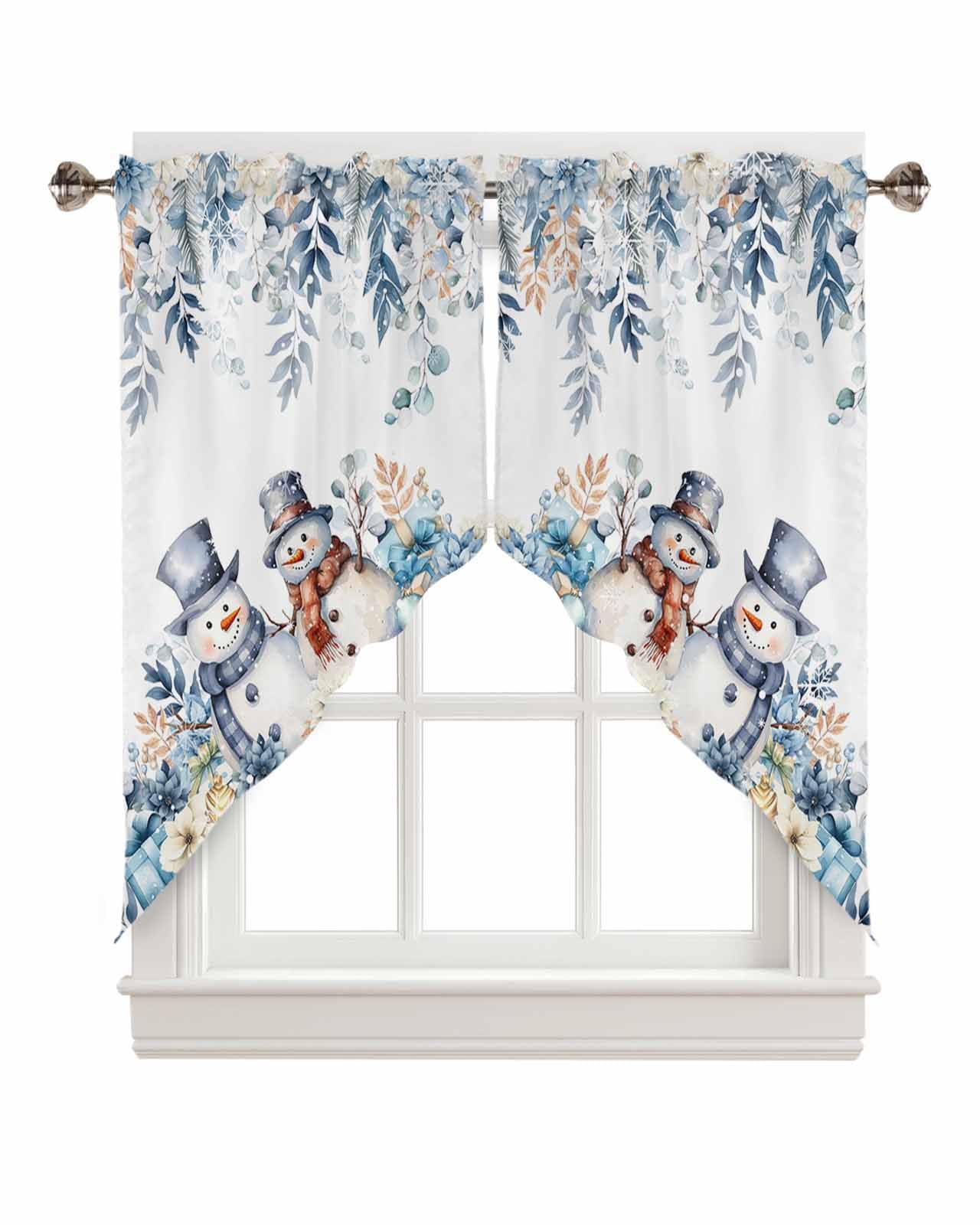 BEMIGO Christmas Cute Snowman Kitchen Valance Curtains, Farmhouse Swag Curtains,Eucalyptus Leaves Valance for Kitchen Bathroom Bedroom, Rod Pocket Window Panels Over Sink 36" W x 36" L,Set of 2