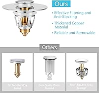 Vista 4 de Universal Sink Stopper with Hair Catcher, Faster Drainage, Bathroom Sink Drain Strainer in Brass, Pop Up Drain Cover, Basin Plug for 1.04~1.97 Inch