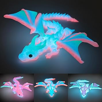 3D Printed Dragon with Wings, 3D Printed Animals Toys, Fidget Dragon Toys, Dragon Glow in The Dark Flexible Articulated Winged Crystal Dragon Model, Desktop Deco, Stocking Easter Basket Stuffers