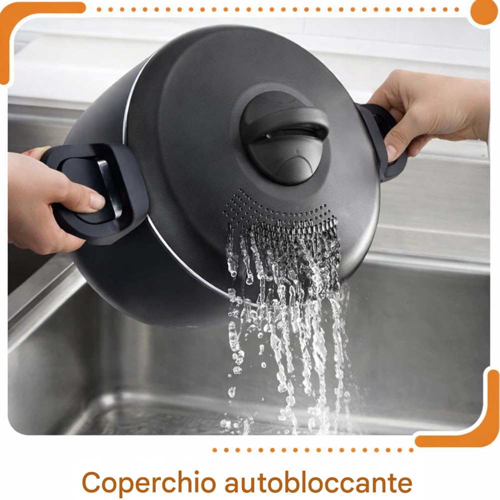 BAKAJI Olla Scolì de 22 cm con colador integrado y asas móviles y ergonómicas, olla antiadherente de aluminio con asas de bloqueo, segura y práctica, ideal para pasta, espaguetis