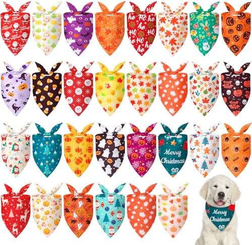 Chunful 30 Pcs Holiday Dog Bandanas Bulk for Christmas Fall Thanksgiving with Santa Claus Snowflakes Snowman Seasonal Triangle Pet Scarf for Small Medium Large 25.6 x 17.7 x 17.7 in