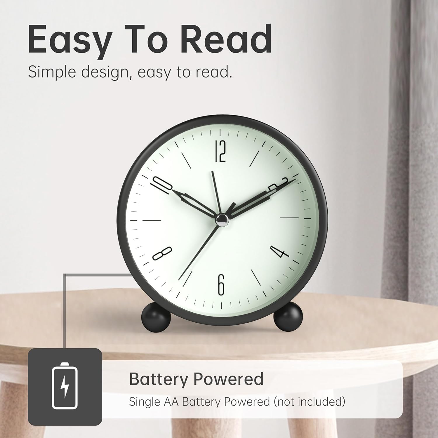 PXBQ Table Clocks, Simple Design Small Desk Clock Night Light,Silent Non-Ticking,Battery Powered,for Kids, Bedroom, Travel, Analog Table Clock, Table Clock (Black A2) 1