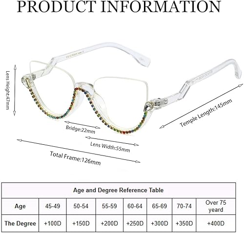 Miniatura 4 de ICARA Lentes de lectura de estilo retro con diamantes brillantes, lentes de lectura transparentes con medio marco ojo de gato brillante