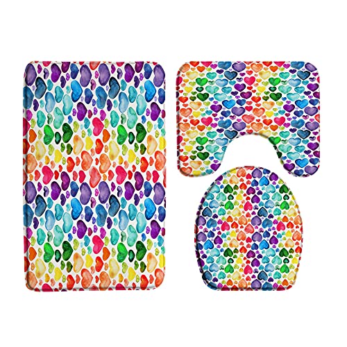 FGYGYK Valentine's Day 3 Pcs Bath Rugs Set,Colorful Heart Romantic Love Sweet Couple Fashion Cute Girl Woman Bathroom Kitchen Rug with 16