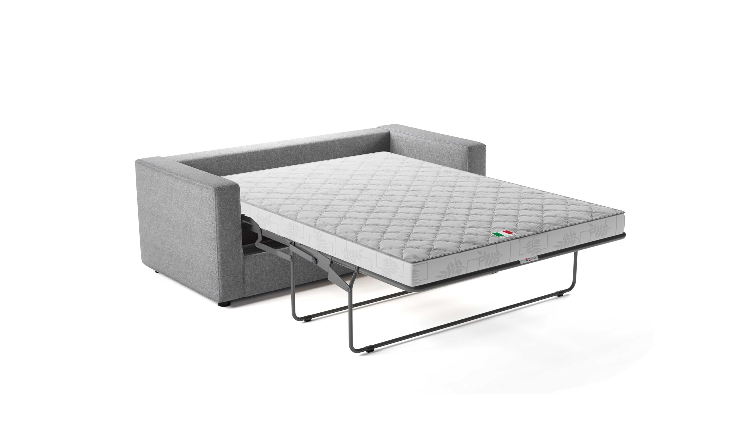 Divano Letto Denver 3 Posti Struttura in Metallo e Legno Imbottitura in Gomma di Poliuretano Rivestimento in Tessuto Rete a Doghe Materasso 140x190 cm H13 cm Colore:Silver