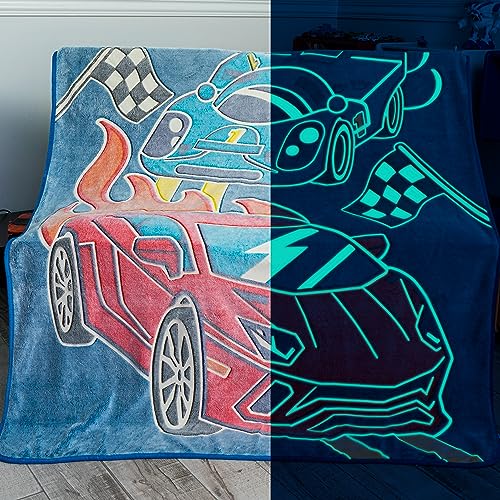 Image of Glow in the Dark Race Car Throw Blanket - Fun Birthday Gift for Kids Who Love Toy Cars & RC Cars. Cool Hot Rod Design with Wheels Burning on the Race Track. Great for Race Car Bed or Boys Room Decor.