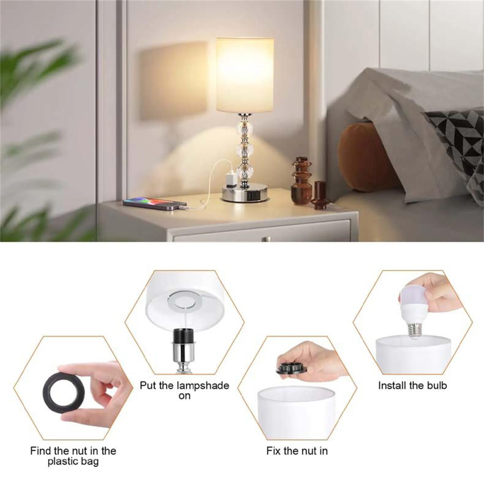Lámparas de Mesita Regulable Táctil 3 Vías con Bombilla Lámpara de Mesa con Puerto de Carga USB A+C & Toma CA Lámpara de Noche Cristal con Pantalla Blanca Lámpara de Escritorio para Salón (A,2 Piezas)