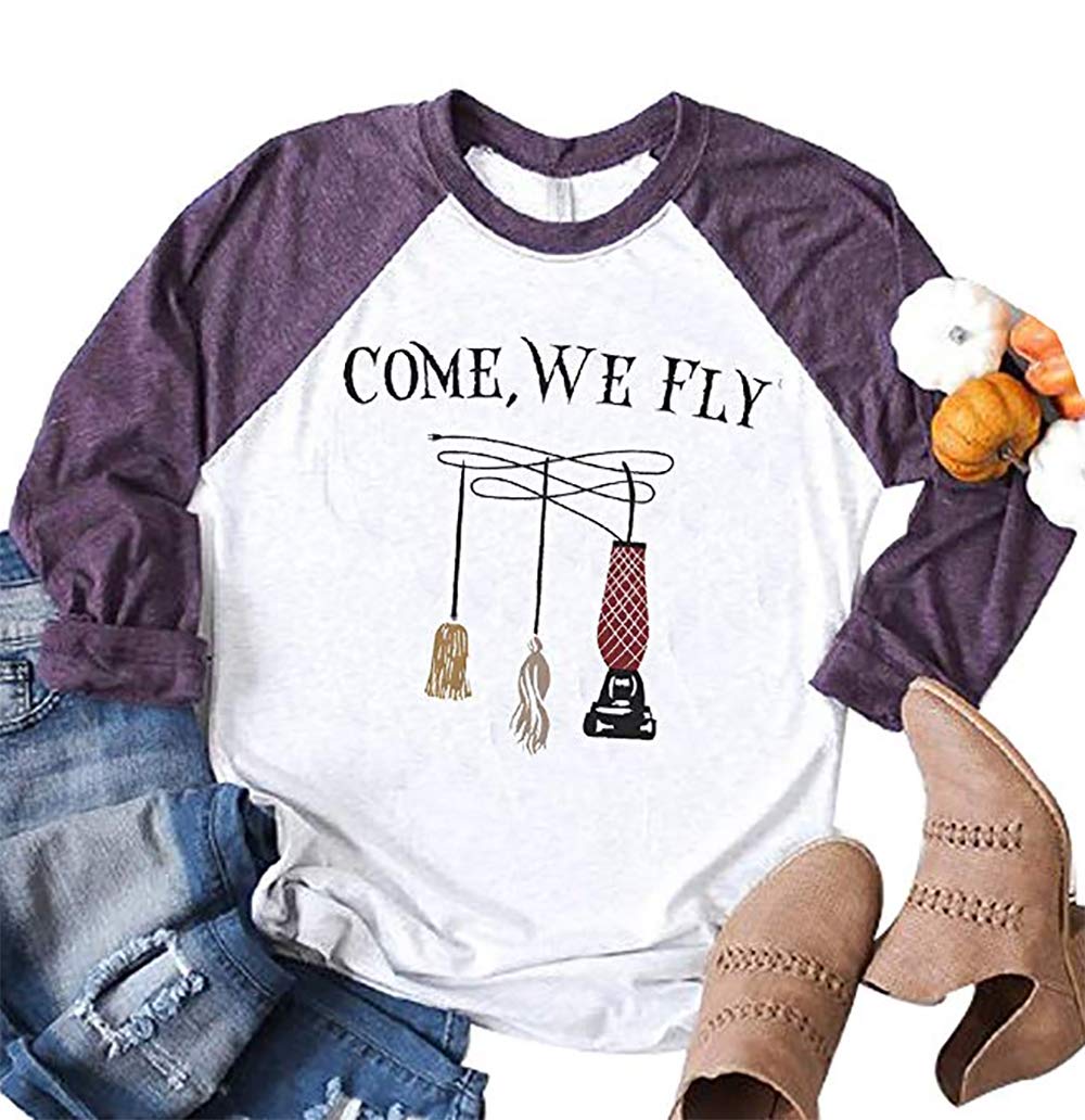 BOMYTAOWomen Come We Fly T-Shirt Hocus Pocus Witch Shirts Fall Halloween Sanderson Sisters Long Sleeve O-Neck Tees