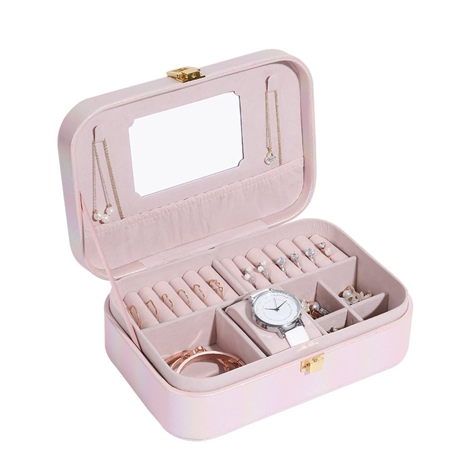 Joyero De Viaje Colorido, Organizador De Almacenamiento, Estuche Portátil De Cuero Sintético para Pendientes, Anillos, Collares, Joyas, Regalo para Niña(Rosa-A)