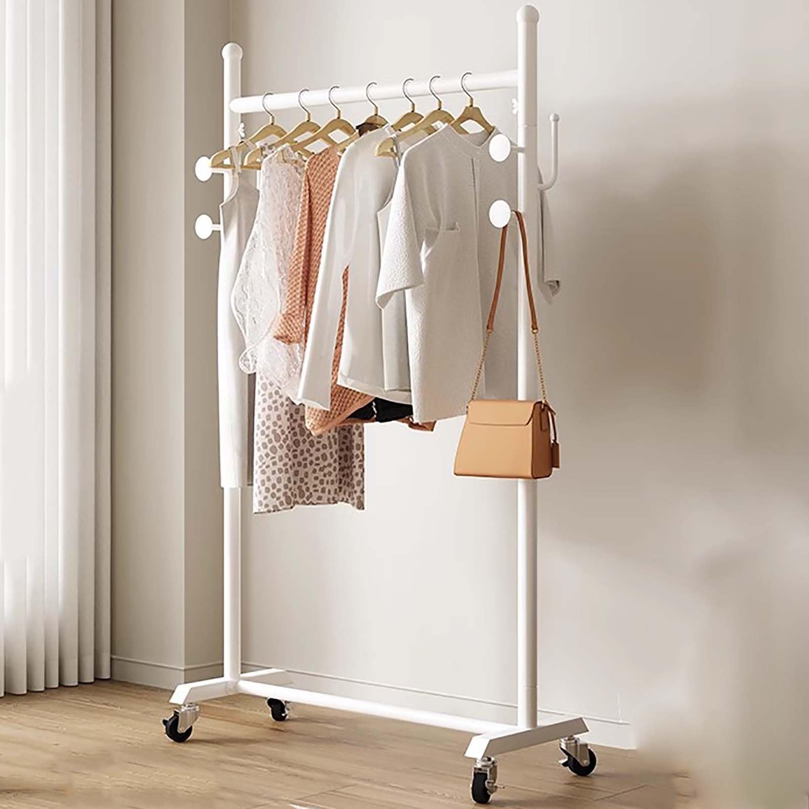 JYBNBBE Heavy-Duty Rolling Clothes Rack with Hooks - Portable Metal Organizer for Hanging Dresses, Coats & Clothes in Bedroom & Laundry Room,White-80CM/31.5IN