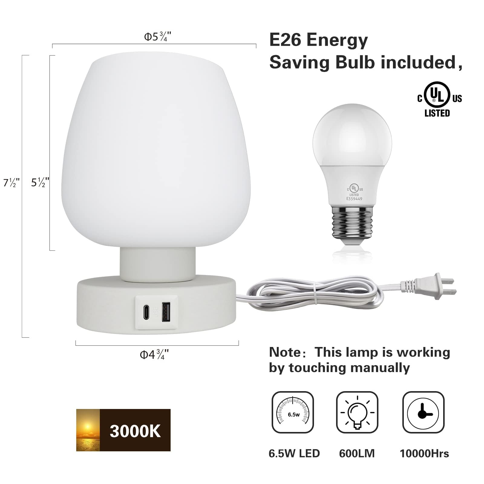 Touch Bedside Table Lamp Set of 2 - Small Modern Nightstand Lamp for Bedroom with USB C+A Charging Ports, 3-Way Dimable Desk lamp with White Opal Glass Lamp Shade, 3000K LED Bulb, Simple Design