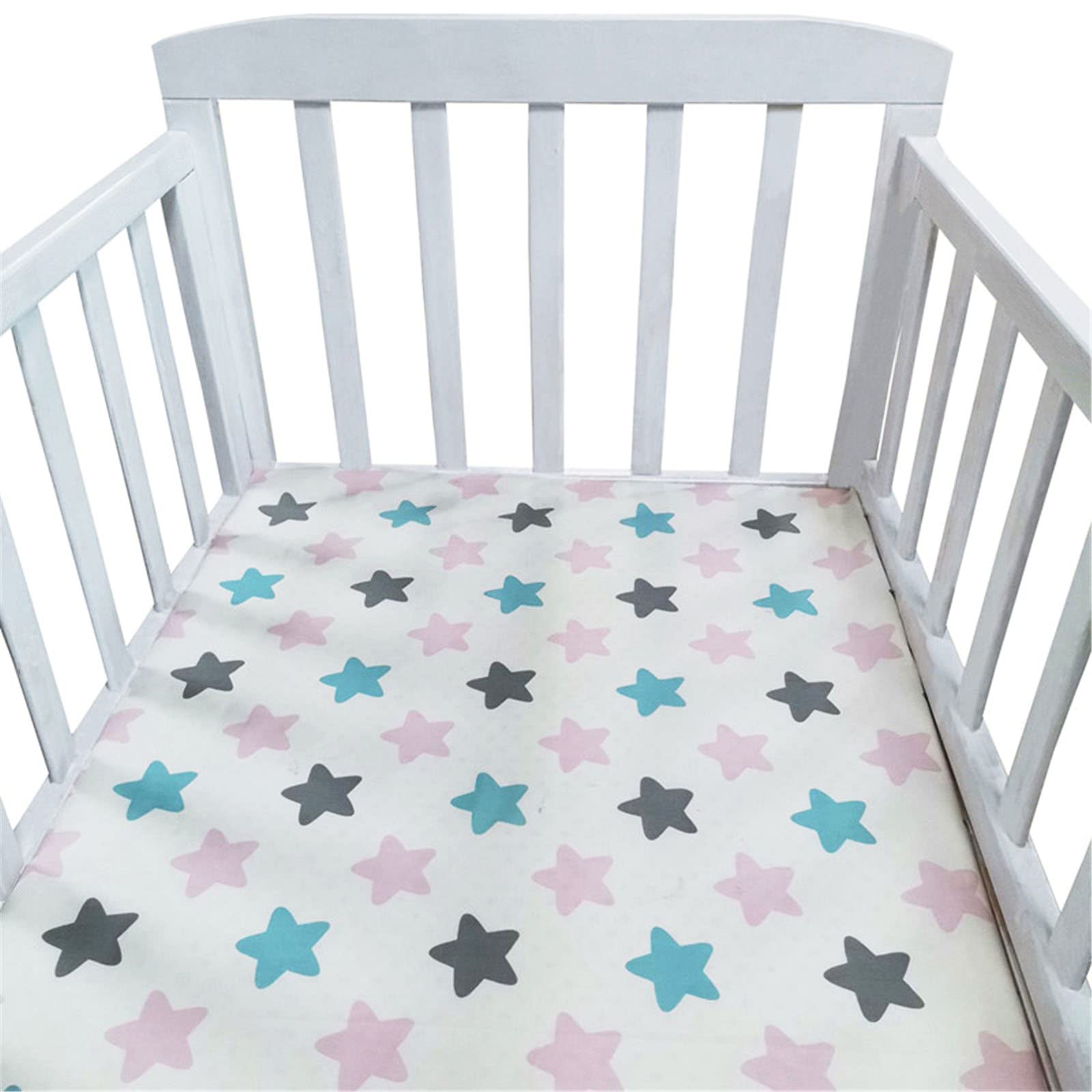 Hiseng Baby Crib Fitted Sheets, Microfiber Cot Mattress Bassinet Sheets Mattress Protector Nursery Bedding for Boys and Girls, Soft Breathable Durable - Cartoon Animal Star (Pink Stars,105x60cm)
