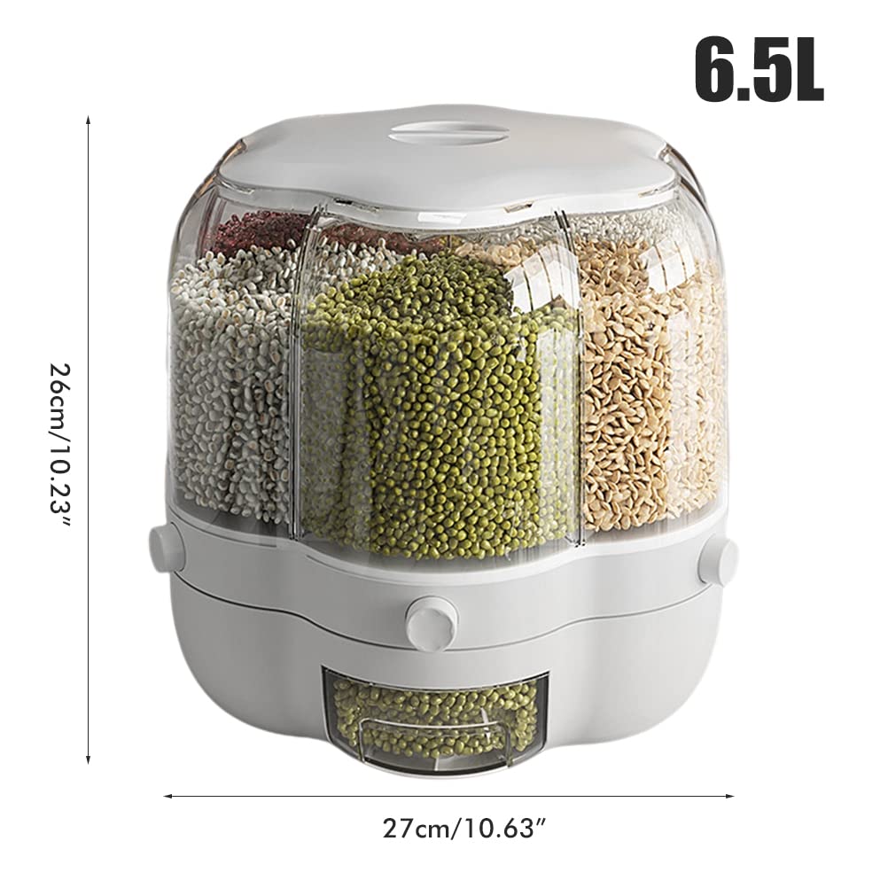 Dispensador de alimentos, Contenedor de almacenamiento de granos de alimentos, Dispensador de arroz giratorio de 6 rejillas de gran capacidad de 6.5L, Caja de almacenamiento de alimentos