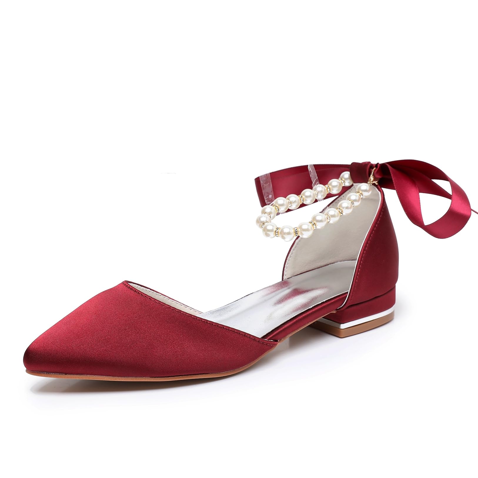 Women's Pearl Satin Wedding Shoes Pointed Toe Comfortable Bridal Flats Formal Prom Party Dress Pumps Ankle Strap Sandals