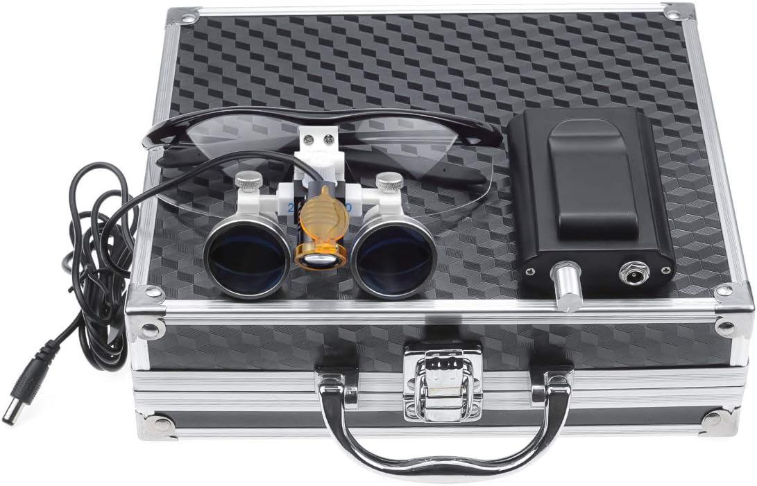 EustomA 2.5X Binocular Loupes Optical Glass Magnifier with 3W LED Waist Hanging Light Clip on Lamp DY-004 with Optical Filter Storage Box (Blue)