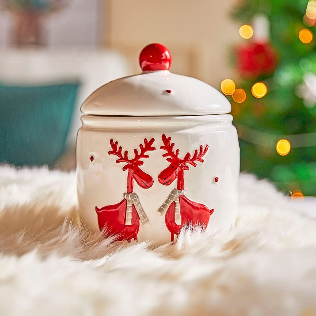 Candy Jar with Cartoon Deer Decoration Ceramics with Lids Christmas Decoration Storage Jar(Color:White)