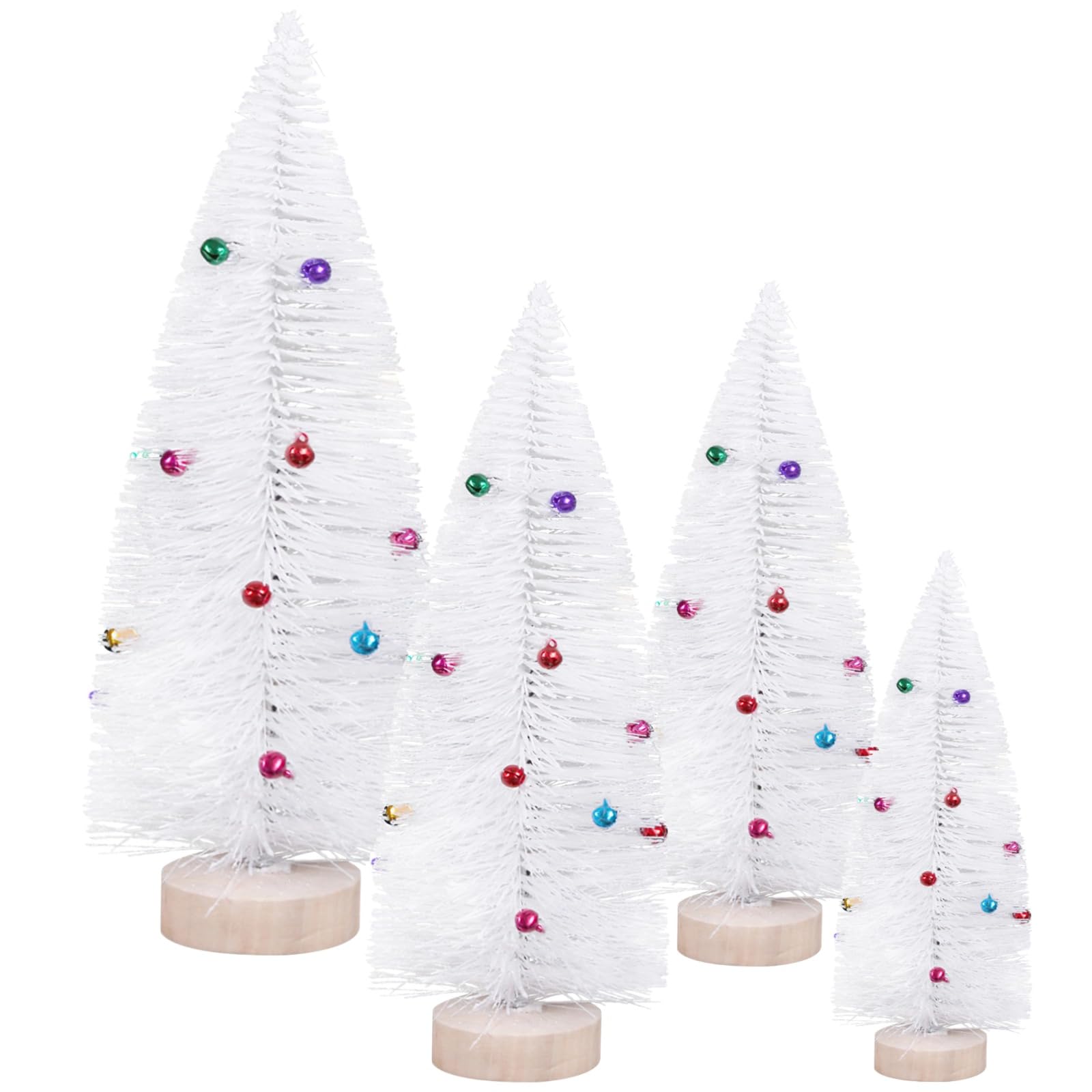 4 Stück Mini-Weihnachtsbäume, weiße Tischbäume in Frostoptik mit Glocken und Holzsockel, künstliche Kiefern von 6 bis 12 Zoll mit Buntem Baumschmuck für Weihnachtsfeier und Heimdeko