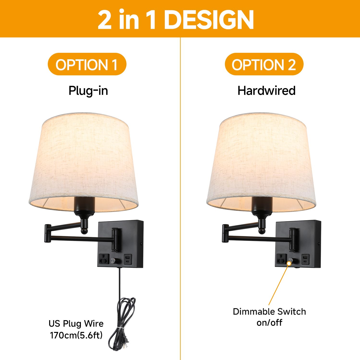 Schwenkbare Wandlampe mit Stoffschirm, USB-A & USB-C Ladeanschlüssen, integrierter Steckdose, Drehdimmer, Plug-in Wandleseleuchte verstellbar fürs Bett Schlafzimmer Hotel