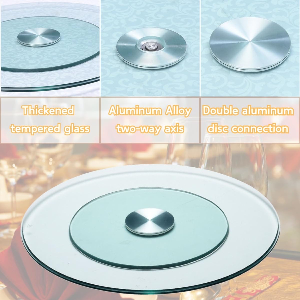 50-120cm Plateau Tournant Rond en Verre Transparent Lazy Susan Grand Plateau Tournant en Verre Transparent Plateau De Service, Plateau De Service Robuste avec Roulements Silencieux(50cm/19Inch)