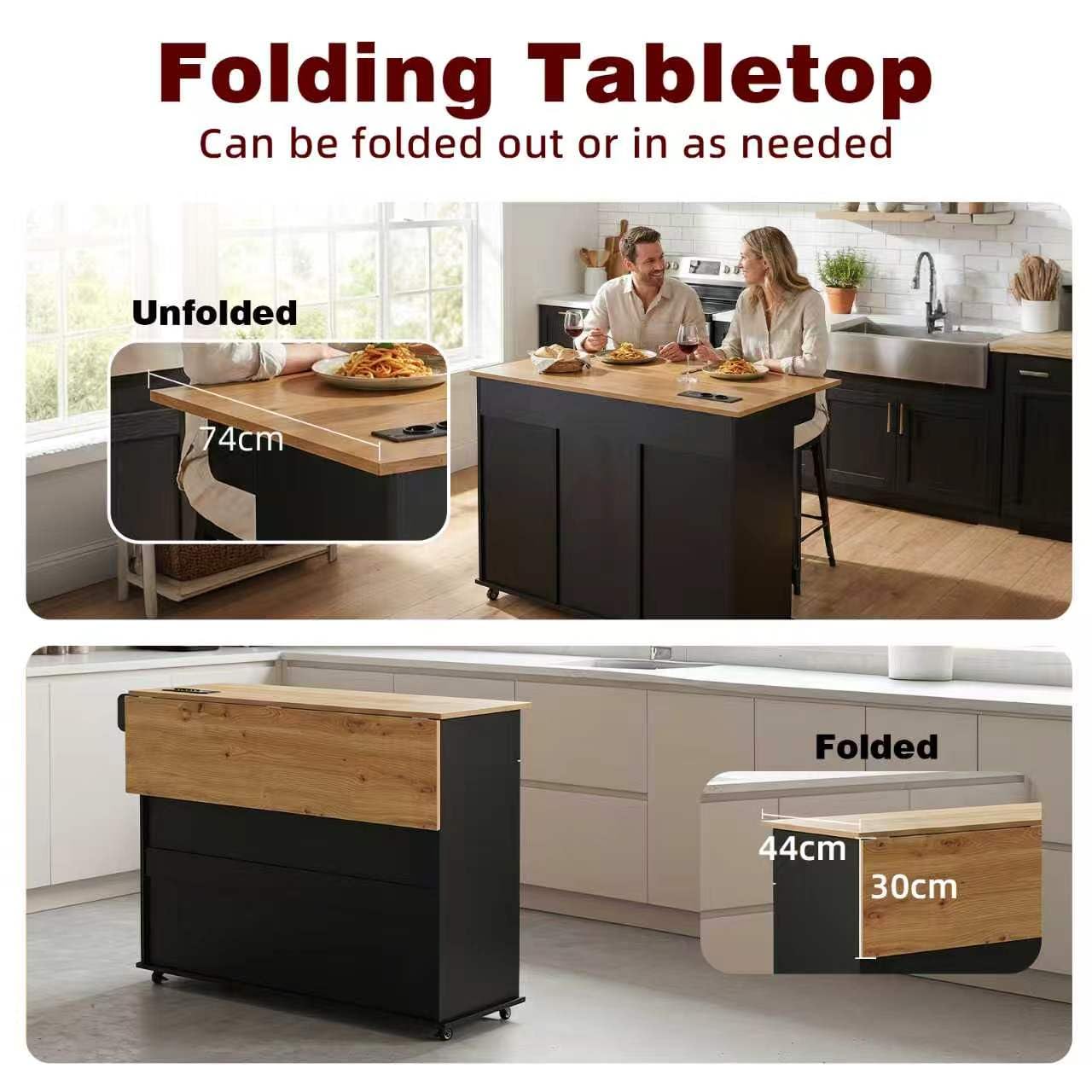 Carrello da Cucina con Ruote, Isola da Cucina con Piano Ribaltabile, Con Prese Elettriche e Porte USB, 119,5 x 74 x 94 cm, Carrello Salvaspazio per Cucina e Soggiorno, Nero