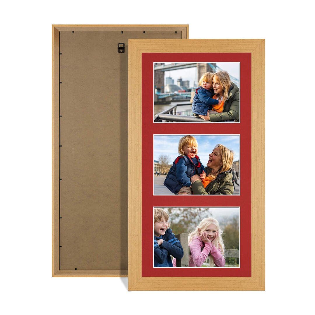 Procut Global 40X20CM Country Pine Photo Frames For Multiple Pictures with Crimson Mount-Modern Collage Frame with 3 Apertures (3x) 6X4-Engineered Wood with Shatterproof Perspex
