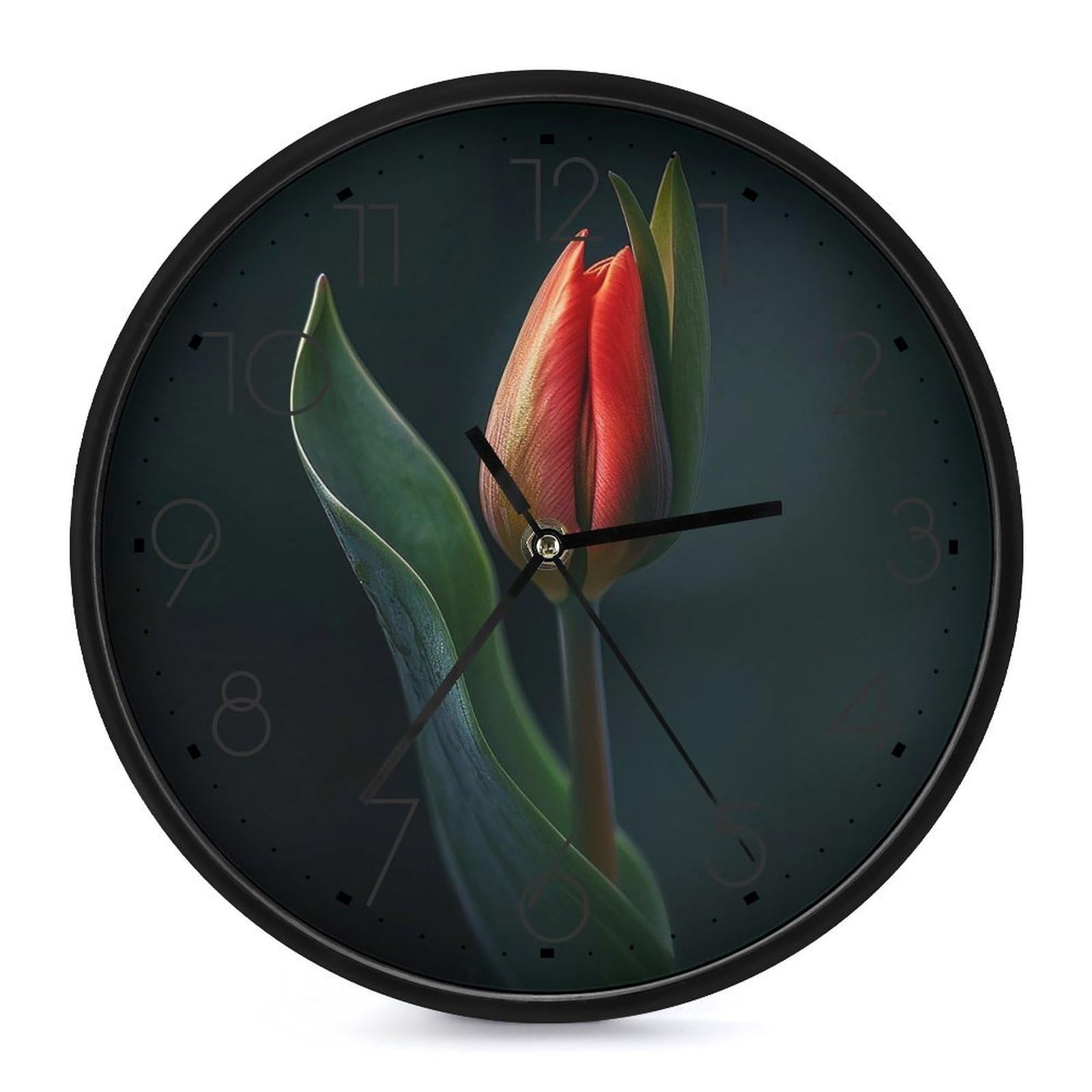 XOPEKVLAWM Wall Clock 10 Inch Non-Ticking Silent Modern Simple Style Round Decor Clocks Red Tulip Buds Clock Decorative Battery Operated Wall Clocks for Home Office Living Room Bedroom Kitchen