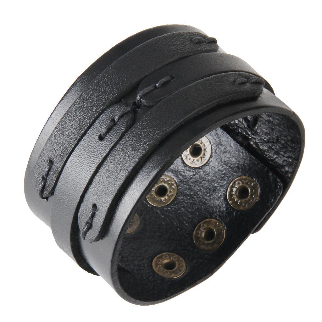 F Fityle F Fityle Brazalete De Pulsera De Cuero Ancho para Hombre De 4 Cm con Botones A Presión Negro