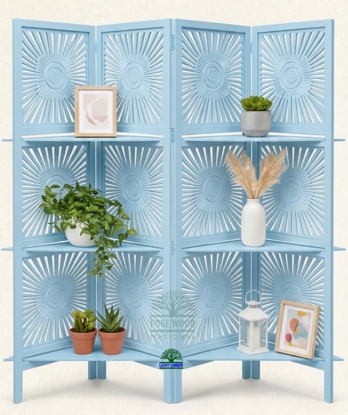 Image of Wooden Room Divider Partition with Display Shelves for Living Room | Foldable 4 Panel Decorative Privacy Screen Separator for Home, Office & Bedroom | (Sky Blue)