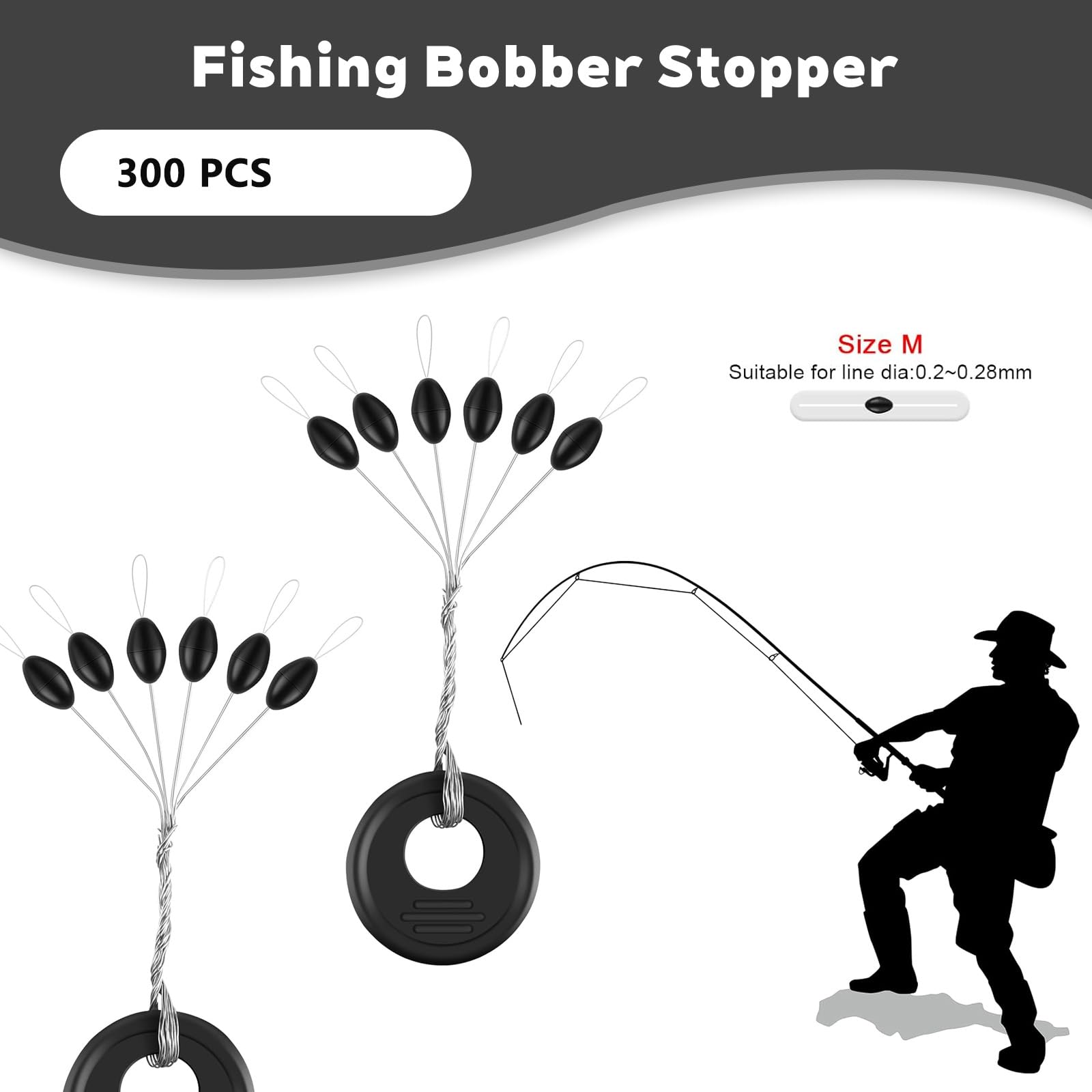 300 Piezas topes de goma flotador,flotadores de pesca,Tapón Flotador de Pesca de Goma, Tapón de Goma Cuerda de Cuerda Flotador de Pesca de Goma Tapón Flotador de Pesca 6 en 1, Negro,M